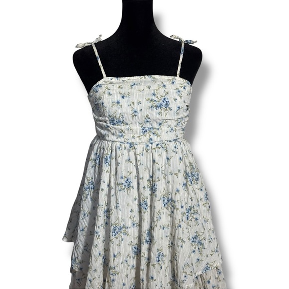 Unbranded White and Blue Floral Layered Tie Straps Empire Waist Babydoll Dress - Picture 3 of 16